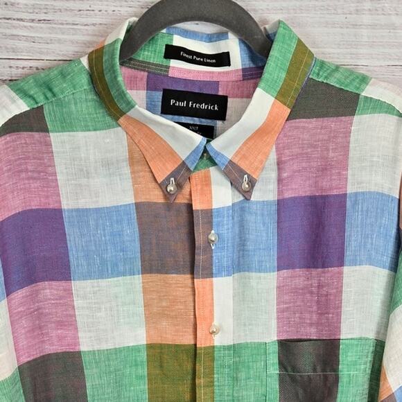 Paul Fredrick Pure Linen Classic Button Shirt 2XLT Vibrant Multi Rainbow Check - Picture 4 of 7